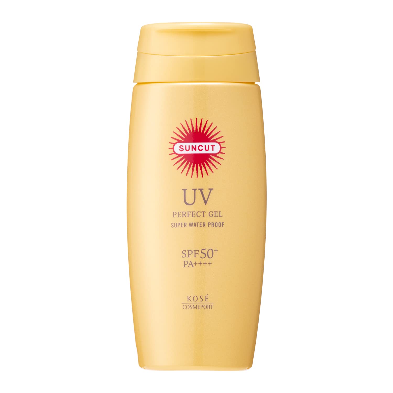 White‑background product shot of KOSE Suncut UV Perfect Gel SPF 50+ PA++++ – a clear, lightweight Japanese sunscreen in a 100 g squeeze tube, branded with gold and blue accents, representing its super‑waterproof, broad‑spectrum sun protection ideal for humid Ghanaian climates.